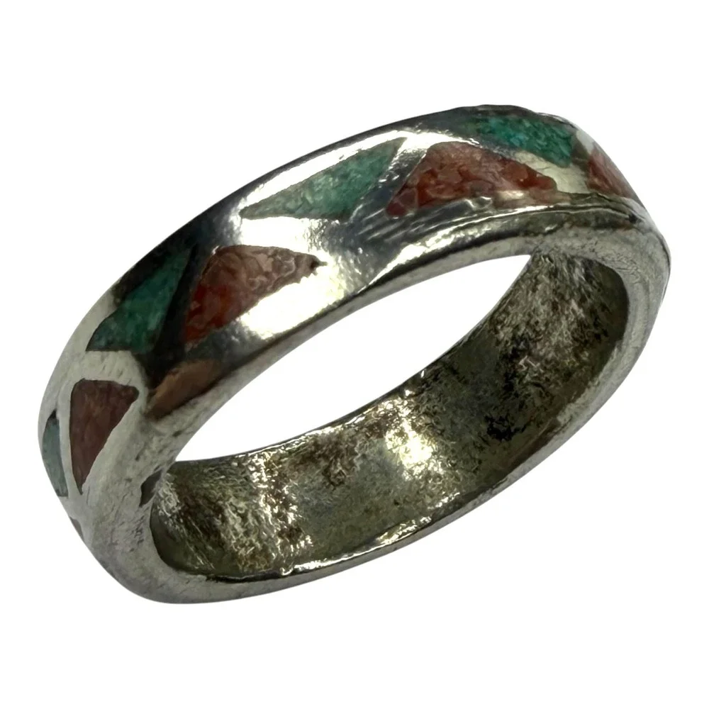 Vintage Band Ring Nickel Silver Size 14 Turquoise Coral Chip Inlay